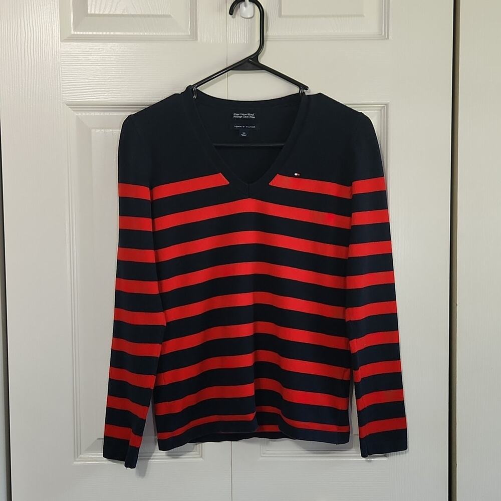 Tommy Hilfiger Women's Blue & Red V-neck Pullover Sweater Size SM Striped Preppy